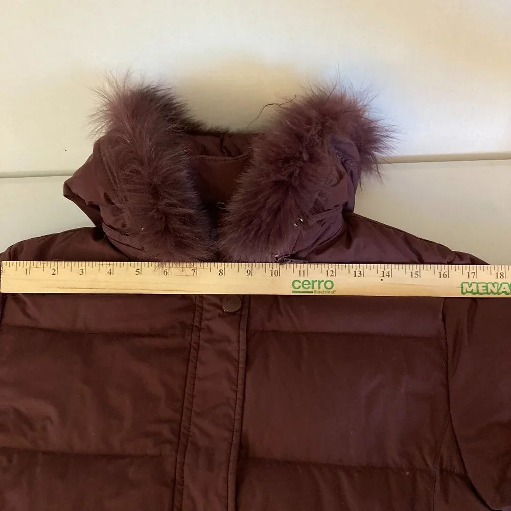 Down Puffer Jacket  Maroon Burgundy Embroidered Coat with Fur Trim - Picture 10 of 15
